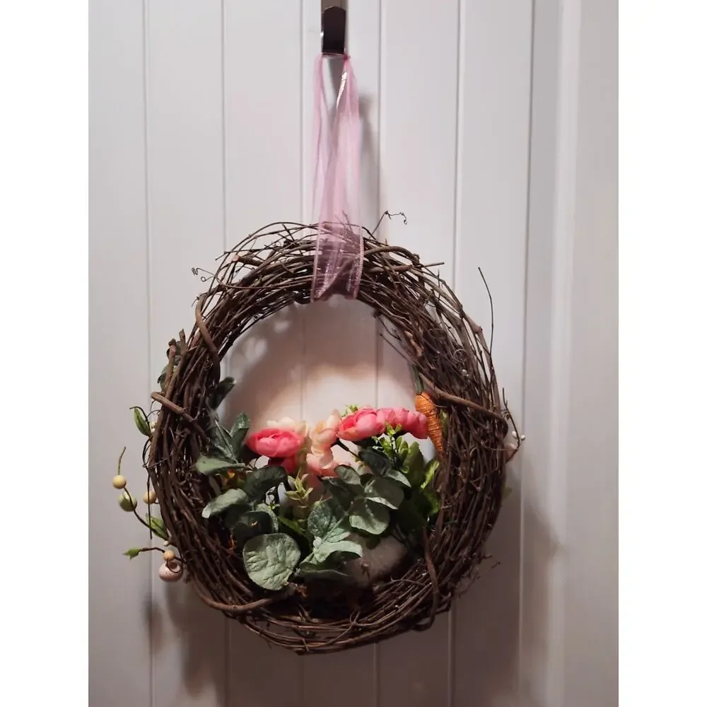 Handmade Grapevine Spring Easter Bunny Wreath Eggs Carrots Door Decor 16